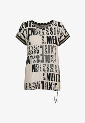 Short-sleeve beige shirt with mixed black text and leopard print patterns, striped collar and cuffs, and a drawstring at the hem.