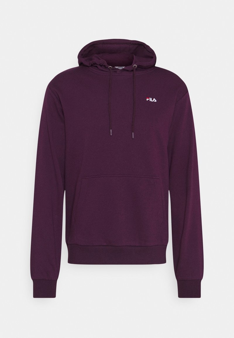 Ciemnofioletowa bluza z kapturem FILA z przednią kieszenią typu kangur, kapturem ze sznurkiem, ściągaczami na mankietach i małym logo na lewej piersi.