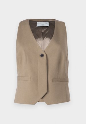 Vesta fără mâneci de culoare maronie, realizată dintr-un material texturat, având decolteu în formă de V, închidere cu un singur nasture și două buzunare frontale. Captusită cu un interior cu model.