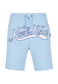 Pantalones cortos azul claro de algodón, con un audaz logo blanco y marino de "Karl Kani" en la parte frontal, y una cintura ajustable con cordón.