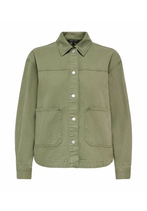 Veste boutonnée vert olive avec col, manches longues et deux poches plaquées à l'avant, fabriquée en tissu robuste.