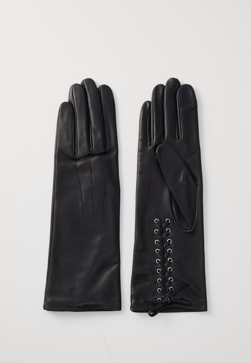 Gants en cuir noir au design élégant, présentant trois lignes de couture décoratives sur l'un et un laçage avec œillets sur l'autre.
