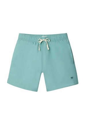 Bañador corto para hombre en azul claro con cintura elástica, cordón blanco, bolsillos laterales y pequeño logo bordado en la pierna izquierda.