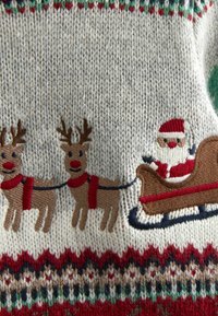 Strickpullover mit einer verschneiten Szene, die zwei braune Rentiere und den Weihnachtsmann im Schlitten zeigt. Die Farben umfassen Creme, Rot und Grün mit dekorativen Mustern.