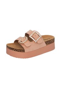 Sandali platform in suede rosa con due fibbie decorative impreziosite da strass trasparenti. Finitura in sughero sulla suola, base in gomma elevata.