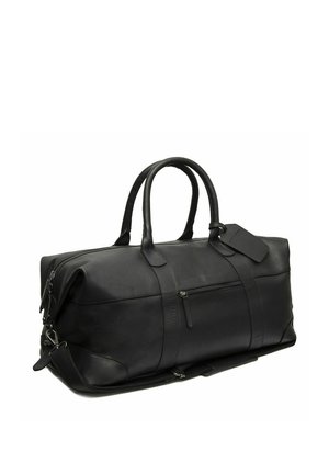 Schwarze Ledertasche mit zwei Griffen, vorderer Reißverschluss-Tasche, abnehmbarem Schultergurt und angebrachtem Gepäckanhänger, dargestellt vor weißem Hintergrund.