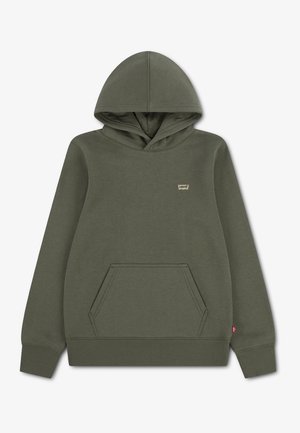 Oliwkowa bluza z kapturem z przednią kieszenią typu kangur, długimi rękawami, ściągaczami przy mankietach i u dołu oraz małym logo Levi's na piersi i z boku.
