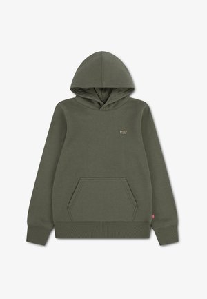Oliwkowa bluza z kapturem z przednią kieszenią typu kangur, długimi rękawami, ściągaczami przy mankietach i u dołu oraz małym logo Levi's na piersi i z boku.