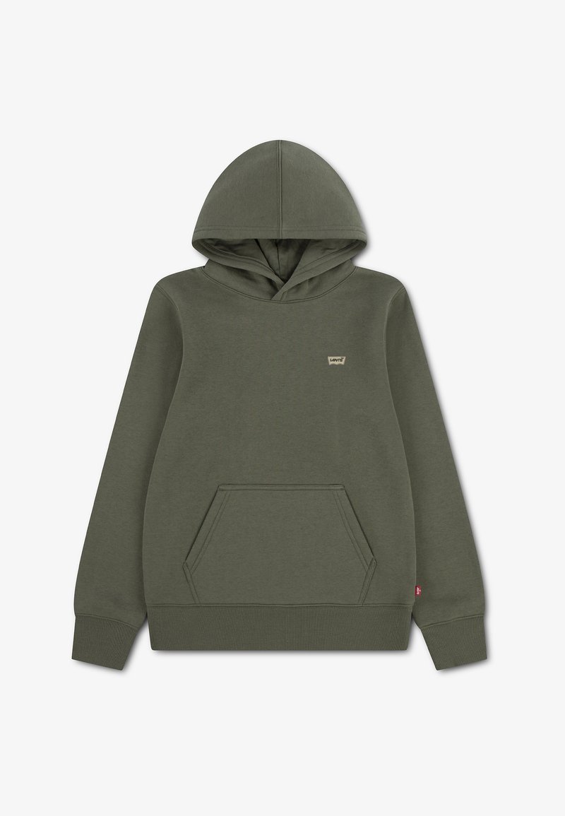 Sweat à capuche vert olive avec poche kangourou à l'avant, manches longues, poignets et ourlet côtelés, et un petit logo Levi's sur la poitrine et sur le côté.