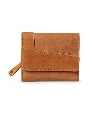 Tan leather wallet with a smooth texture, featuring a flap closure, side zipper, and embossed "aunts & uncles" logo. Compact design.