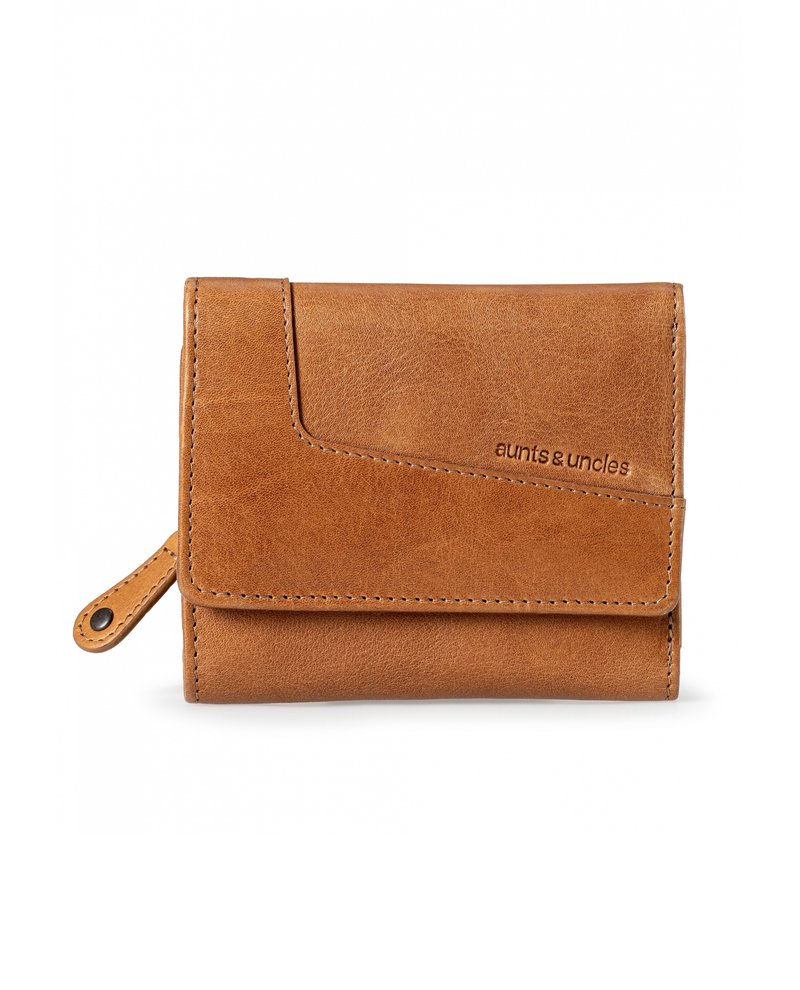 Tan leather wallet with a smooth texture, featuring a flap closure, side zipper, and embossed "aunts & uncles" logo. Compact design.