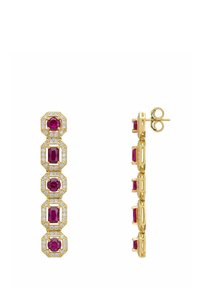 Gold earrings featuring five alternating octagonal and rectangular shapes, adorned with red gemstones and clear small stones.