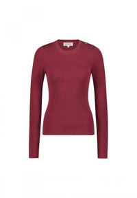 Rippstrick-Langarmpullover in Bordeaux mit Schulterknopfdetail, der eine taillierte Form und eine weiche Textur aufweist.