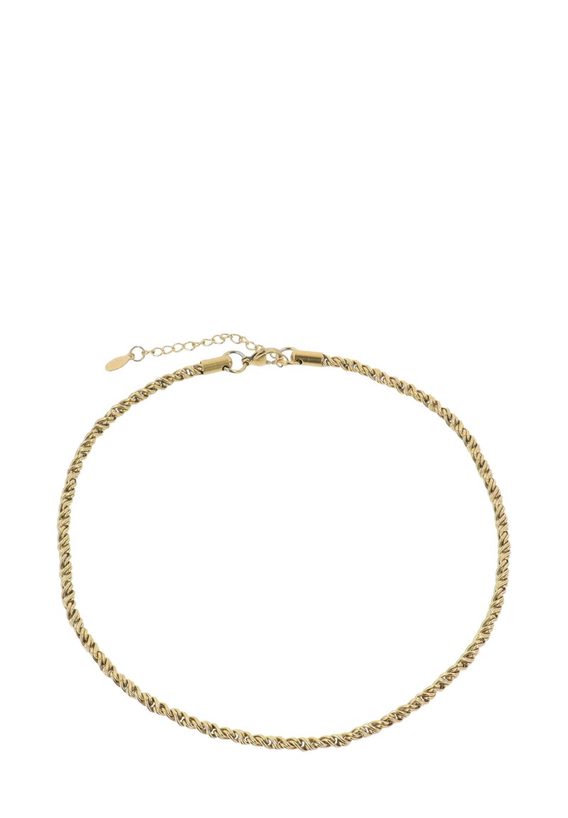 Bracciale in metallo dorato intrecciato con estensione a catena e chiusura. Presenta una finitura liscia e un design semplice ed elegante.