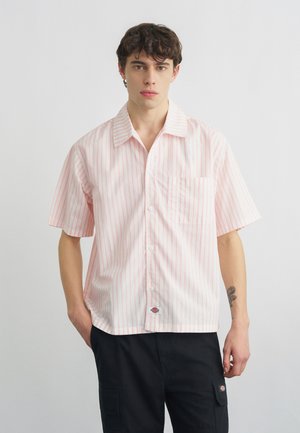 Joven con cabello corto y rizado, vestido con una camisa de manga corta a rayas rosa claro abotonada y pantalones cargo negros, de pie frente a un fondo liso.