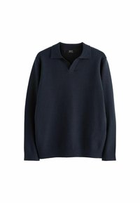 Tumši zilas krāsas džemperis no mīksta auduma, ar smalku v-veida kaklu un apvalku dizainu ar garām piedurknēm. Gluda tekstūra un minimālistisks stils.