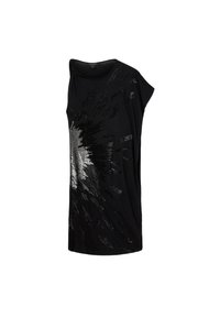 Mustat lyhythihaiset paita, jossa on hopeinen paljettiroiskepako kuvitettuna etuosassa. Valmistettu pehmeästä, kevyestä kankaasta ja rentosta leikkauksesta.