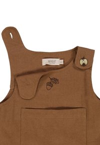 Brauner overall aus Bio-Baumwolle mit einer quadratischen Tasche, Knopfverschluss und gesticktem Eichel- und Blättermuster. Hat einen runden Ausschnitt.