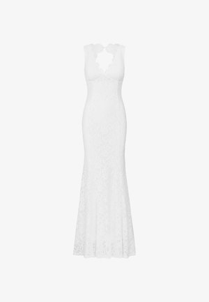 White lace dress with sleeveless design, scalloped neckline, and fitted silhouette flowing into a flared skirt. Intricate floral pattern throughout.