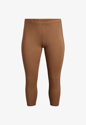 Pruunid retuusid, mis on valmistatud sileda ja veniva kangaga, millel on elastne vöökoht ja lühendatud pikkus, disainitud mugavuseks ja paindlikkuseks.