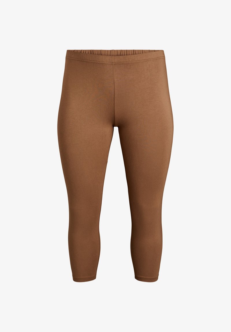 Brune leggings lavet af et glat, elastisk stof med en elastisk talje og en kort længde, designet til komfort og fleksibilitet.