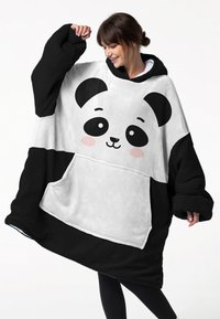 Übergroßer Hoodie-Decke in Schwarz und Weiß mit einem Panda-Gesicht-Design, hergestellt aus weichem Fleece-Material und mit einer praktischen frontalen Tasche.