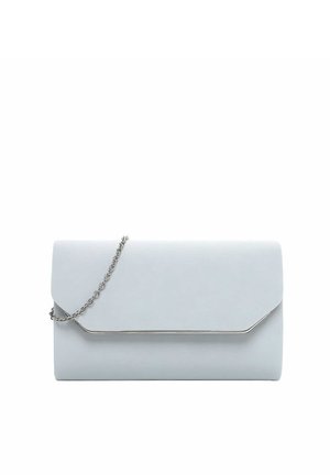 Light gray rectangular clutch bag with a silver chain strap and sleek silver trim along the flap edge.