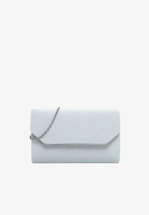 Light gray rectangular clutch bag with a silver chain strap and sleek silver trim along the flap edge.
