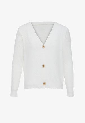 Biała wełniana kardiganka z dekoltem w serek, z teksturowanym wzorem w zygzak oraz czterema drewnianymi guzikami z przodu. Długie, dopasowane rękawy.