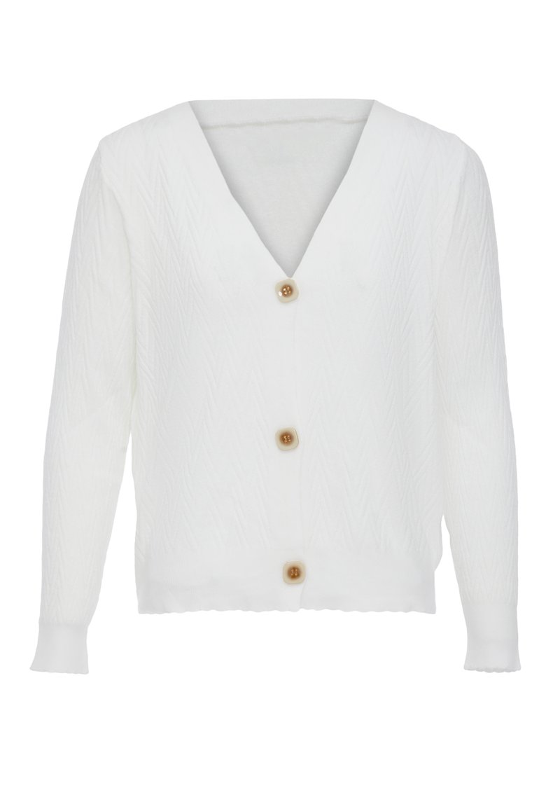 Weißer Strickcardigan mit V-Ausschnitt, der ein strukturiertes Zickzackmuster aufweist und vorne mit vier Holzknöpfen versehen ist. Lange, taillierte Ärmel.