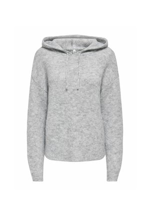 Sweat à capuche tricoté gris clair avec cordons de serrage, manches longues et coupe décontractée, présenté sur fond blanc uni.