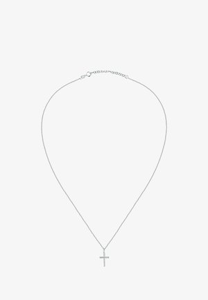 Silberne Halskette mit einem kleinen, einfachen silbernen Kreuzanhänger und einem Karabinerverschluss mit Verlängerungskettchen.
