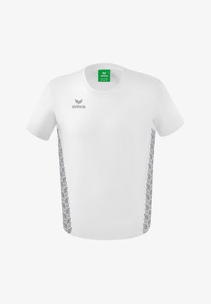 Weiße kurzärmlige T-Shirt mit Rundhalsausschnitt; verfügt über ein graues vertikales Seitenmuster und ein Logo auf der Brust; aus glattem Stoff gefertigt.