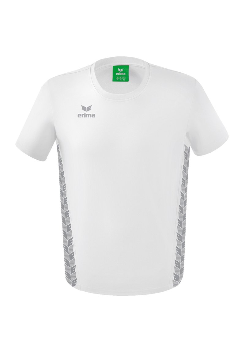 Witte T-shirt met korte mouwen en ronde hals; voorzien van een grijs verticaal zijpatroon en logo op de borst; gemaakt van een gladde stof.
