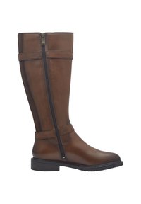 Botte en cuir marron jusqu'au genou avec une fermeture éclair sur le côté, texture lisse, matériel minimal et un talon bas pour la stabilité.