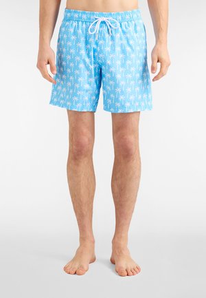 Lyseblå badebukser med hvidt palmetræsprint, elastisk talje og snøre. Fremstillet af glat, letvægtsstof.