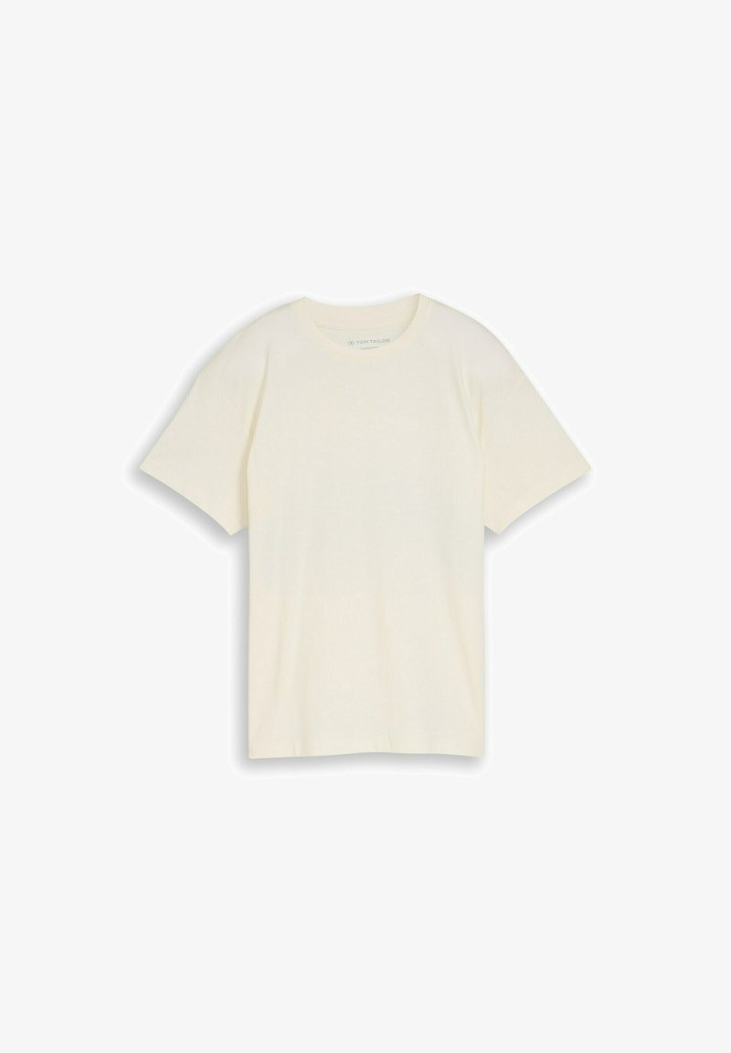 T-shirt à manches courtes et col rond de couleur blanc cassé, posé à plat avec l'étiquette de la marque visible à l'intérieur du col.