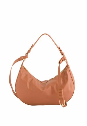 Sac à bandoulière en cuir brun clair avec bandoulière longue réglable, poignée plus courte et fermeture éclair dorée.