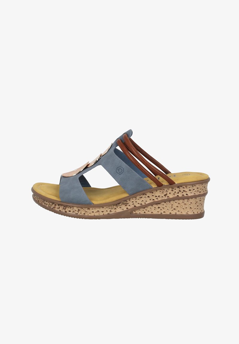 Sandalo a zeppa con tomaia in suede blu, cinturini in pelle marrone e soletta gialla imbottita. Suola esterna texturizzata in marrone chiaro con perforazioni.