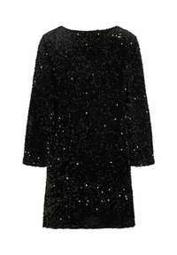 Juoda ilgomis rankovėmis trumpa suknelė, visiškai padengta mažais blizgančiais sekančiais, su apvalia iškirpte ir tiesia apačia.