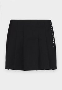 Musta liehuva mini-hame, jossa edessä valkoisella tekstillä "LONG STORY". Hame on valmistettu sileästä kankaasta ja siinä on selkeä muoto.