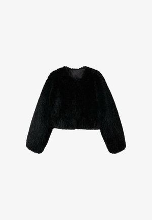Sort faux fur cropped jakke med lange ærmer og rund halsudskæring. Blød tekstur og en ensfarvet farve uden yderligere mønstre eller dekorationer.