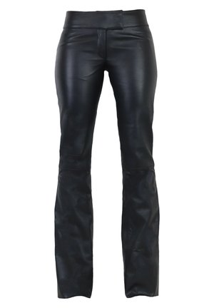 Black leather pants with a slim fit, flat waistband, and a flare at the bottom. Smooth texture and minimalist design without visible hardware.