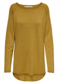 Långärmad tröja i senapsgult tyg av mjukt material, med rundad halsringning, avslappnad passform och böjd nederkant för extra stil.