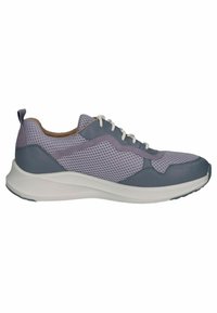Sneaker featuring a mesh and leather upper in lavender and blue. Thick white sole with textured pattern, contrasting laces, and heel tab.