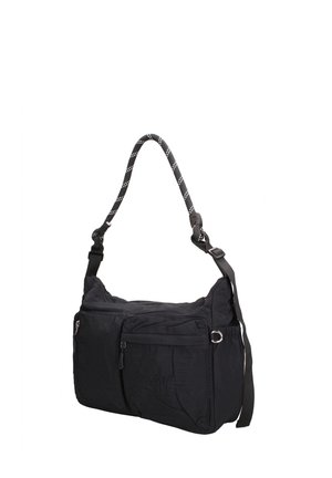 Sac d'épaule noir avec plusieurs poches zippées, sangle ajustable et poignée en corde à motif.