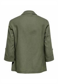 Veste vert olive à manches longues avec col, vue de dos, avec un ourlet droit et des poignets légèrement retroussés.