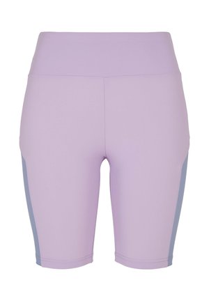 Lavendelfarbene Sportshorts mit hoher Taille. Glatter Stoff mit hellblauen Seitenpaneelen und Steppnähten. Knielanges Design.