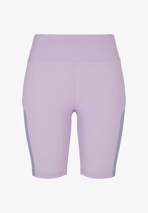 Lavendli värvi sportlikud lühikesed püksid kõrge vöökohaga. Sile kangas, millel on helesinised küljeplokid ja õmblemise detailid. Pükstel on põlveni ulatuv lõige.