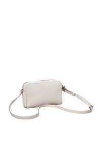 Helle beige Leder-Umhängetasche mit rechteckiger Form, flachem Design, Reißverschluss und verstellbarem Tragegurt. Glatte Textur, minimalistische Details.